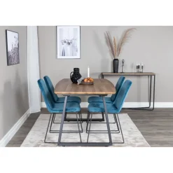 Jatkettava ruokailuryhmä Venture Home, 160/200x85cm pähkinänruskea Inca-pöytä + 4 sinistä Muce-tuolia