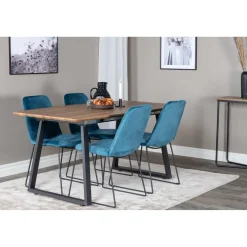 Jatkettava ruokailuryhmä Venture Home, 160/200x85cm pähkinänruskea Inca-pöytä + 4 sinistä Muce-tuolia