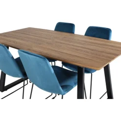 Jatkettava ruokailuryhmä Venture Home, 160/200x85cm pähkinänruskea Inca-pöytä + 4 sinistä Muce-tuolia