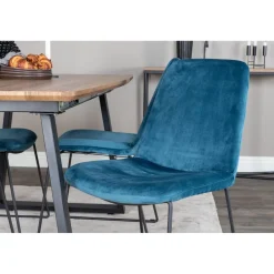 Jatkettava ruokailuryhmä Venture Home, 160/200x85cm pähkinänruskea Inca-pöytä + 4 sinistä Muce-tuolia
