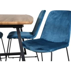 Jatkettava ruokailuryhmä Venture Home, 160/200x85cm pähkinänruskea Inca-pöytä + 4 sinistä Muce-tuolia