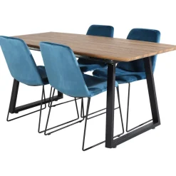 Jatkettava ruokailuryhmä Venture Home, 160/200x85cm pähkinänruskea Inca-pöytä + 4 sinistä Muce-tuolia