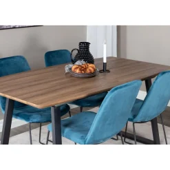 Jatkettava ruokailuryhmä Venture Home, 160/200x85cm pähkinänruskea Inca-pöytä + 4 sinistä Muce-tuolia