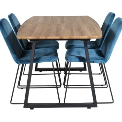 Jatkettava ruokailuryhmä Venture Home, 160/200x85cm pähkinänruskea Inca-pöytä + 4 sinistä Muce-tuolia