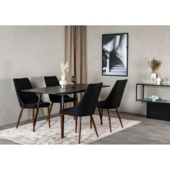 Jatkettava ruokailuryhmä Venture Home, 120/160x80cm Silar-pöytä + 4 mustaa Leone-tuolia