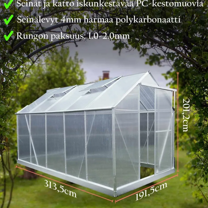 Kasvihuone Lykke, 6,0 m², muovi, hopea