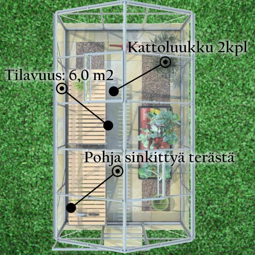 Kasvihuone Lykke, 6,0 m², muovi, hopea
