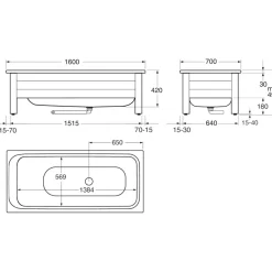 Kylpyamme Gustavsberg, 1600 x 700 mm, Kombi 1604, ilman kehikkoa, glazeplus-pinta, kaksi kädensijaa, valkoinen