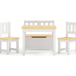 3-osainen lasten pöytä ja tuolisarja säilytyspenkillä, valkoinen ja beige, MDF