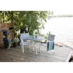 Parvekeryhmä Venture Home, ø90cm harmaa-valkoinen Parma-pöytä + 2 harmaa-valkoista Copacabana-tuolia, matala selkänoja