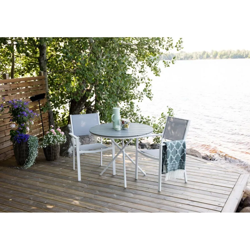 Parvekeryhmä Venture Home, ø90cm harmaa-valkoinen Parma-pöytä + 2 harmaa-valkoista Copacabana-tuolia, matala selkänoja