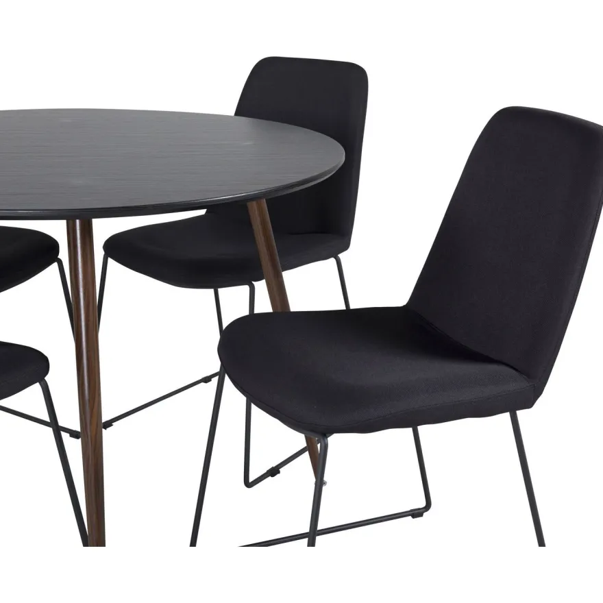 Pyöreä ruokailuryhmä Venture Home, Ø100cm Plaza-pöytä + 4 mustaa Muce-tuolia