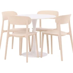 Pyöreä ruokailuryhmä Venture Home, Ø80cm, valkoinen Hamden-pöytä + 4 beigeä Åstol-tuolia