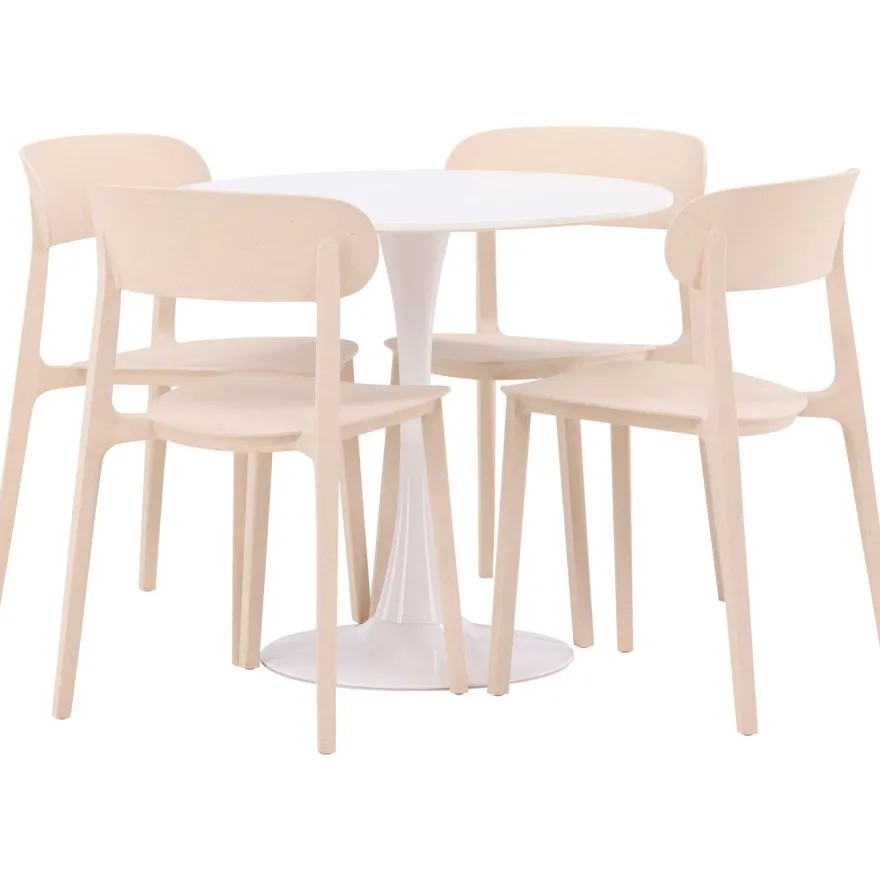 Pyöreä ruokailuryhmä Venture Home, Ø80cm, valkoinen Hamden-pöytä + 4 beigeä Åstol-tuolia