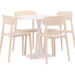 Pyöreä ruokailuryhmä Venture Home, Ø80cm, valkoinen Hamden-pöytä + 4 beigeä Åstol-tuolia