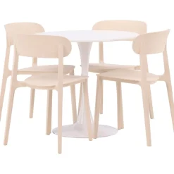 Pyöreä ruokailuryhmä Venture Home, Ø80cm, valkoinen Hamden-pöytä + 4 beigeä Åstol-tuolia