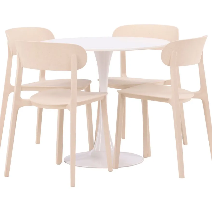 Pyöreä ruokailuryhmä Venture Home, Ø80cm, valkoinen Hamden-pöytä + 4 beigeä Åstol-tuolia