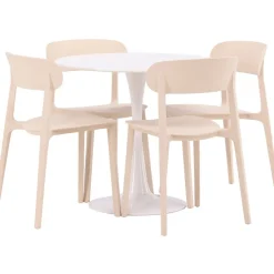 Pyöreä ruokailuryhmä Venture Home, Ø80cm, valkoinen Hamden-pöytä + 4 beigeä Åstol-tuolia