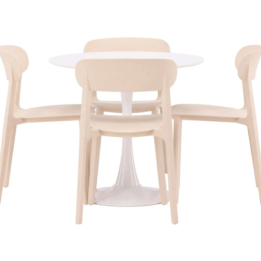 Pyöreä ruokailuryhmä Venture Home, Ø80cm, valkoinen Hamden-pöytä + 4 beigeä Åstol-tuolia