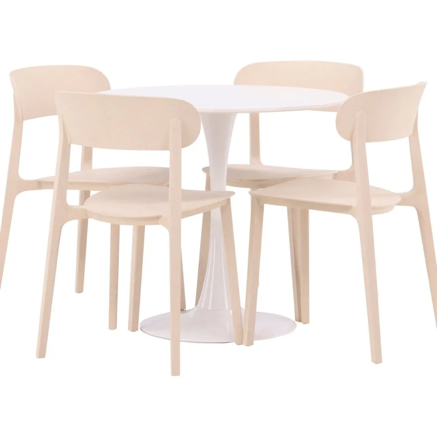 Pyöreä ruokailuryhmä Venture Home, Ø80cm, valkoinen Hamden-pöytä + 4 beigeä Åstol-tuolia