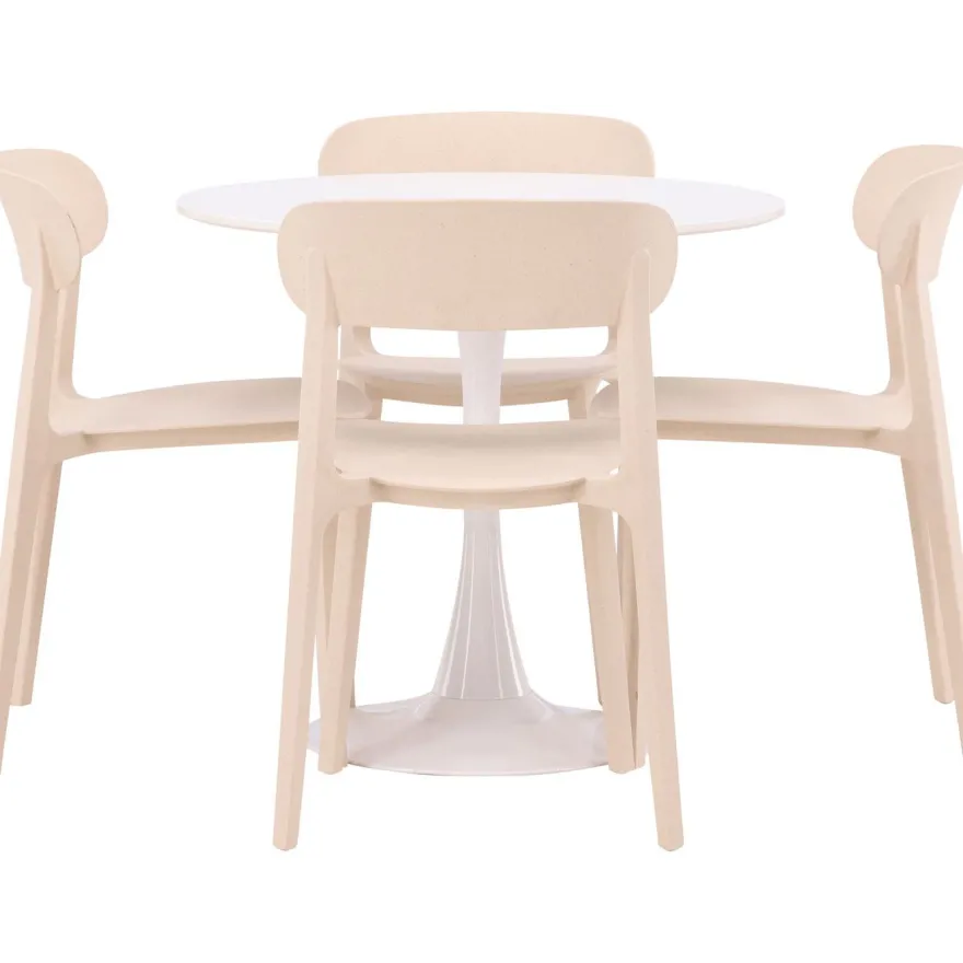 Pyöreä ruokailuryhmä Venture Home, Ø80cm, valkoinen Hamden-pöytä + 4 beigeä Åstol-tuolia