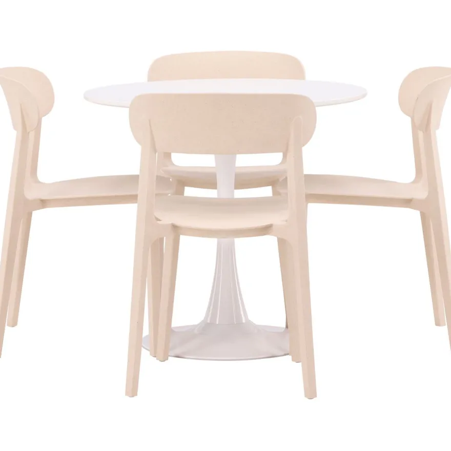 Pyöreä ruokailuryhmä Venture Home, Ø80cm, valkoinen Hamden-pöytä + 4 beigeä Åstol-tuolia