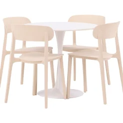 Pyöreä ruokailuryhmä Venture Home, Ø80cm, valkoinen Hamden-pöytä + 4 beigeä Åstol-tuolia
