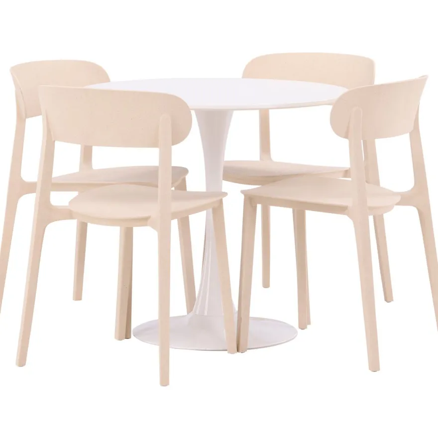 Pyöreä ruokailuryhmä Venture Home, Ø80cm, valkoinen Hamden-pöytä + 4 beigeä Åstol-tuolia
