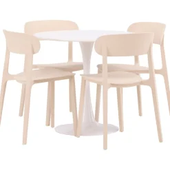 Pyöreä ruokailuryhmä Venture Home, Ø80cm, valkoinen Hamden-pöytä + 4 beigeä Åstol-tuolia