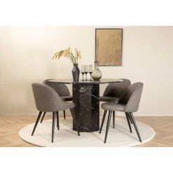 Ruokailuryhmä Venture Home, ⌀110cm musta Marbs-pöytä + 4 harmaata Velvet Stitches -tuolia