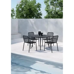 Ruokailuryhmä Venture Home, Ø120cm musta San Vito -pöytä + 4 mustaa, pinottavaa Peking-tuolia