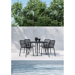 Ruokailuryhmä Venture Home, Ø120cm musta San Vito -pöytä + 4 mustaa, pinottavaa Peking-tuolia
