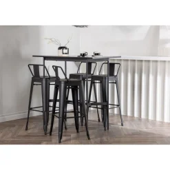 Ruokailuryhmä Venture Home, musta Rax-baaripöytä + 4 mustaa Tempe Flat -baarituolia