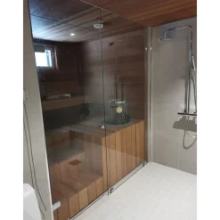 Saunan lasiseinä Maakunnan Lasi, ovi + ylälasi + ikkuna, saranat sivulla, eri värejä, mittatilaus