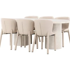 Soikea ruokailuryhmä Venture Home, 200x100cm beige Narvik-pöytä + 6 Astoria-tuolia, bouclé
