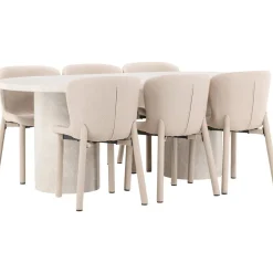 Soikea ruokailuryhmä Venture Home, 200x100cm beige Narvik-pöytä + 6 Astoria-tuolia, bouclé