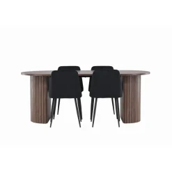 Soikea ruokailuryhmä Venture Home, 200x90cm mokanruskea Härön-pöytä + 4 mustaa Night-tuolia, sametti