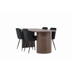 Soikea ruokailuryhmä Venture Home, 200x90cm mokanruskea Härön-pöytä + 4 mustaa Night-tuolia, sametti