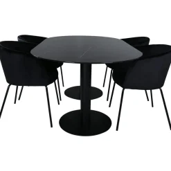 Soikea ruokailuryhmä Venture Home, 180x100cm musta Pillan-pöytä + 4 Berit-tuolia, sametti