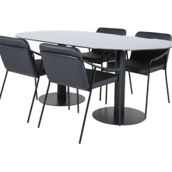 Soikea ruokailuryhmä Venture Home, 180x100cm musta Pillan-pöytä + 4 mustaa Tvist-tuolia, keinonahka