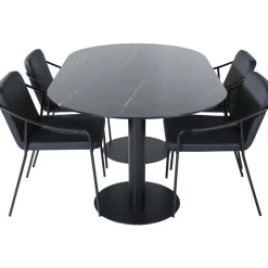 Soikea ruokailuryhmä Venture Home, 180x100cm musta Pillan-pöytä + 4 mustaa Tvist-tuolia, keinonahka