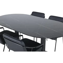 Soikea ruokailuryhmä Venture Home, 180x100cm musta Pillan-pöytä + 4 mustaa Tvist-tuolia, keinonahka
