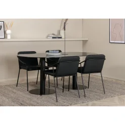 Soikea ruokailuryhmä Venture Home, 180x100cm musta Pillan-pöytä + 4 mustaa Tvist-tuolia, keinonahka