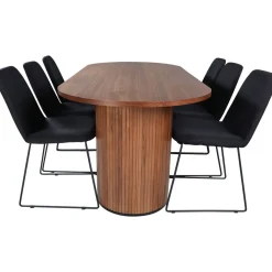 Soikea ruokailuryhmä Venture Home, 200x90cm pähkinänruskea Bianca-pöytä + 6 mustaa Muce-tuolia