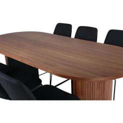 Soikea ruokailuryhmä Venture Home, 200x90cm pähkinänruskea Bianca-pöytä + 6 mustaa Muce-tuolia