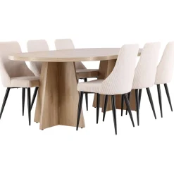 Soikea ruokailuryhmä Venture Home, 230x115cm ruskea Bootcut-pöytä + 6 beigeä Leone-tuolia, vakosametti