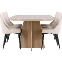 Soikea ruokailuryhmä Venture Home, 230x115cm ruskea Bootcut-pöytä + 6 beigeä Leone-tuolia, vakosametti