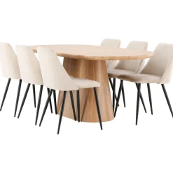 Soikea ruokailuryhmä Venture Home, 200x90cm ruskea Stjärnö-pöytä + 6 beigeä Night-tuolia, sametti