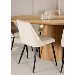 Soikea ruokailuryhmä Venture Home, 200x90cm ruskea Stjärnö-pöytä + 6 beigeä Night-tuolia, sametti